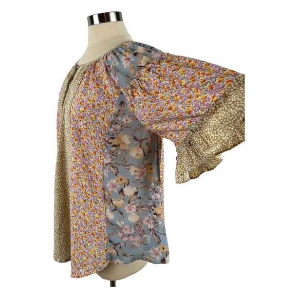 GIGIO USA Small Blouse Floral Ruffle Sleeve Boho Top Front Tassel Tie Flowy - Picture 2 of 10